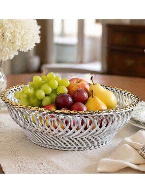 Vintage White Lattice Porcelain Fruit Bowl Gold Rim Basket French Country Center